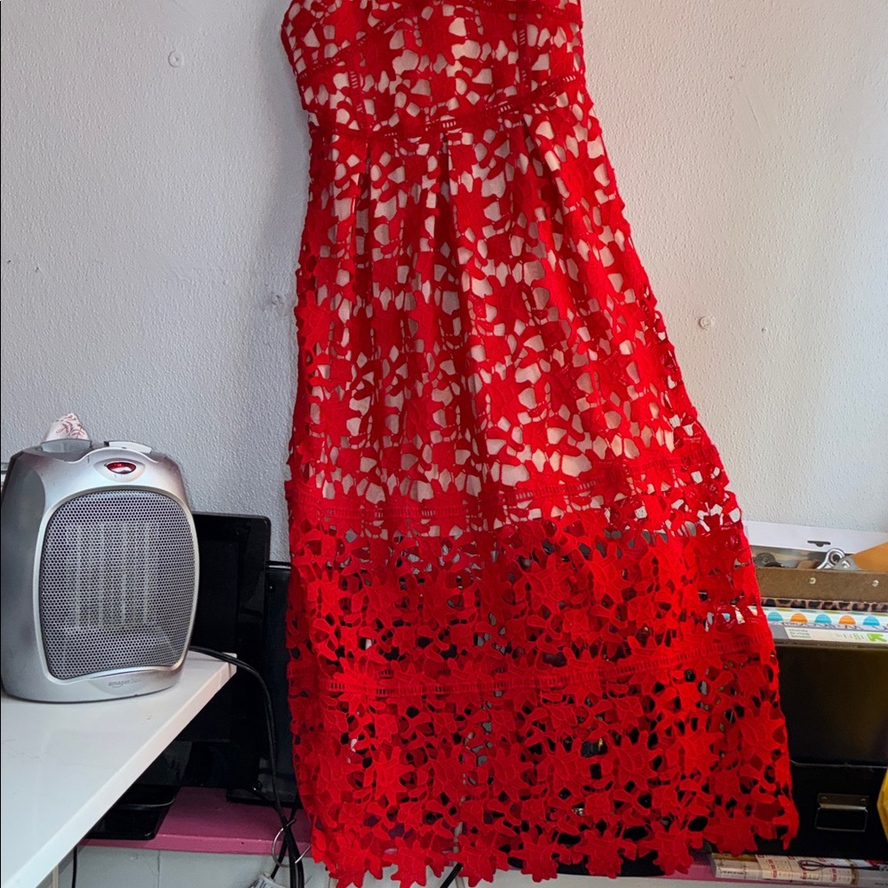Red Crochet Strapless Midi Dress